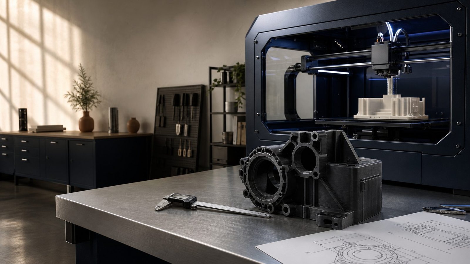 Pieza técnica impresa en 3D en negro sobre un banco de trabajo, con impresora al fondo