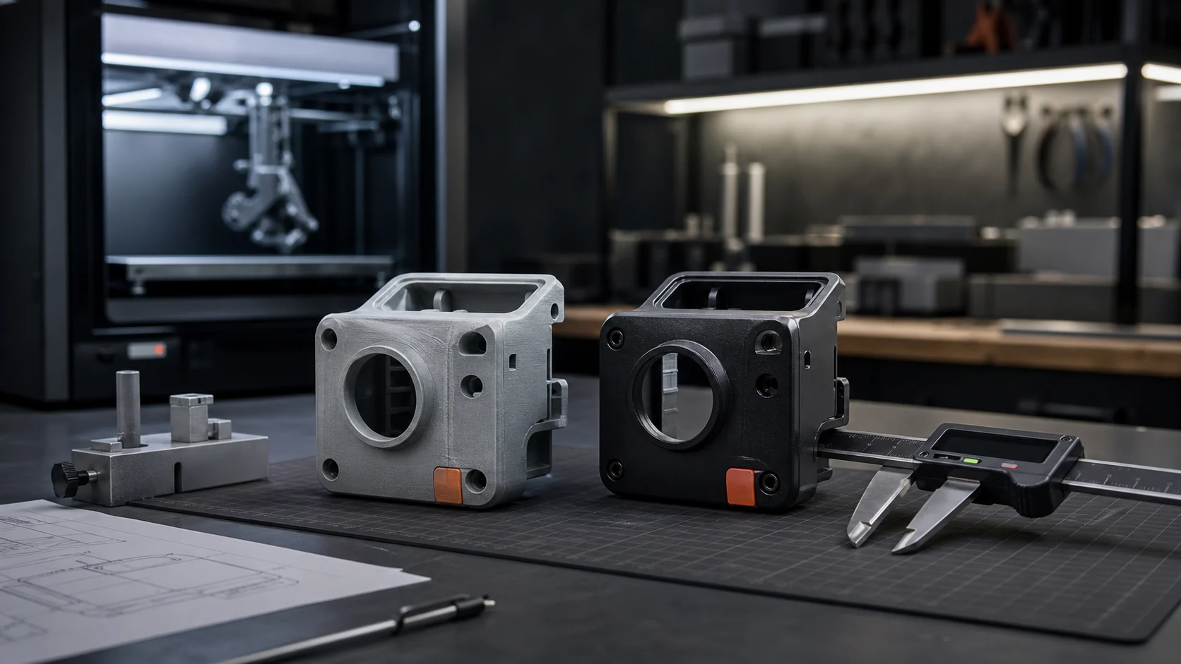 Dos prototipos de carcasa en gris y negro junto a un calibre digital
