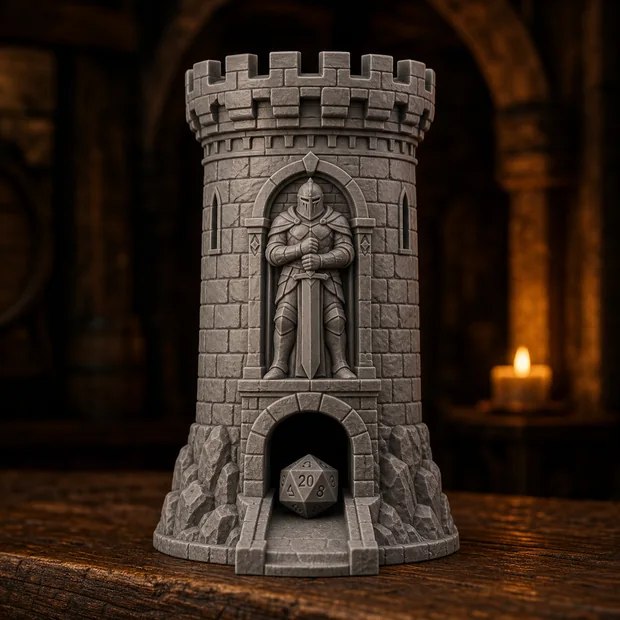 Torre de dados impresa en 3D con relieve de guardián