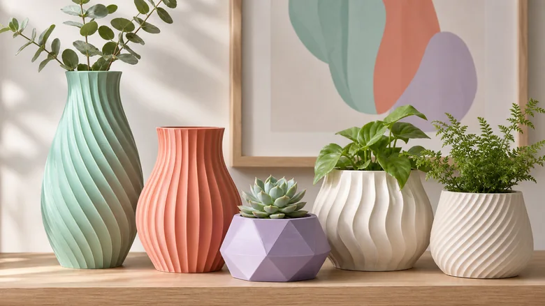 Jarrones y maceteros impresos en 3D en un interior luminoso